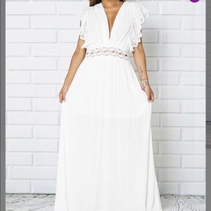 White Lace-Accent Ruffle Sleeve Maxi Dress